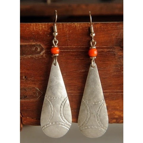 Silver Earrings Tear Drop with Orange bead